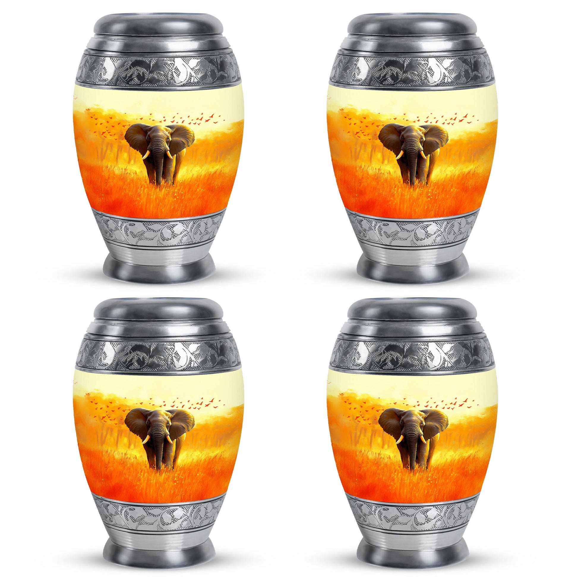 Royal Gold Elephant Cremation Urn urn with complimentary velvet bag - royal elephant engraving with decorative scrollwork - 10 inch aluminum urn for cremated remains