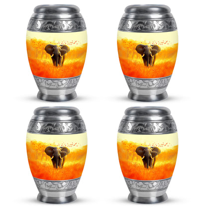 Royal Gold Elephant Cremation Urn urn with complimentary velvet bag - royal elephant engraving with decorative scrollwork - 10 inch aluminum urn for cremated remains
