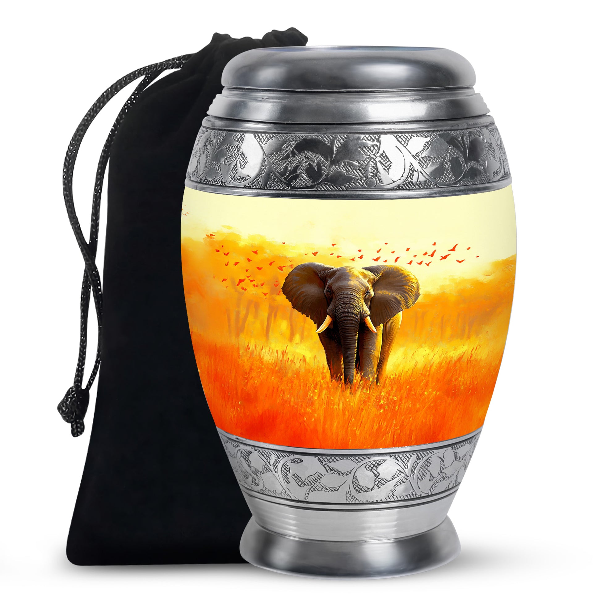 Sunrise Gold Elephant Cremation Urn back view with polished surface - regal elephant design with crown-inspired accents - full-size 10 inch 200 cubic inch adult cremation urn