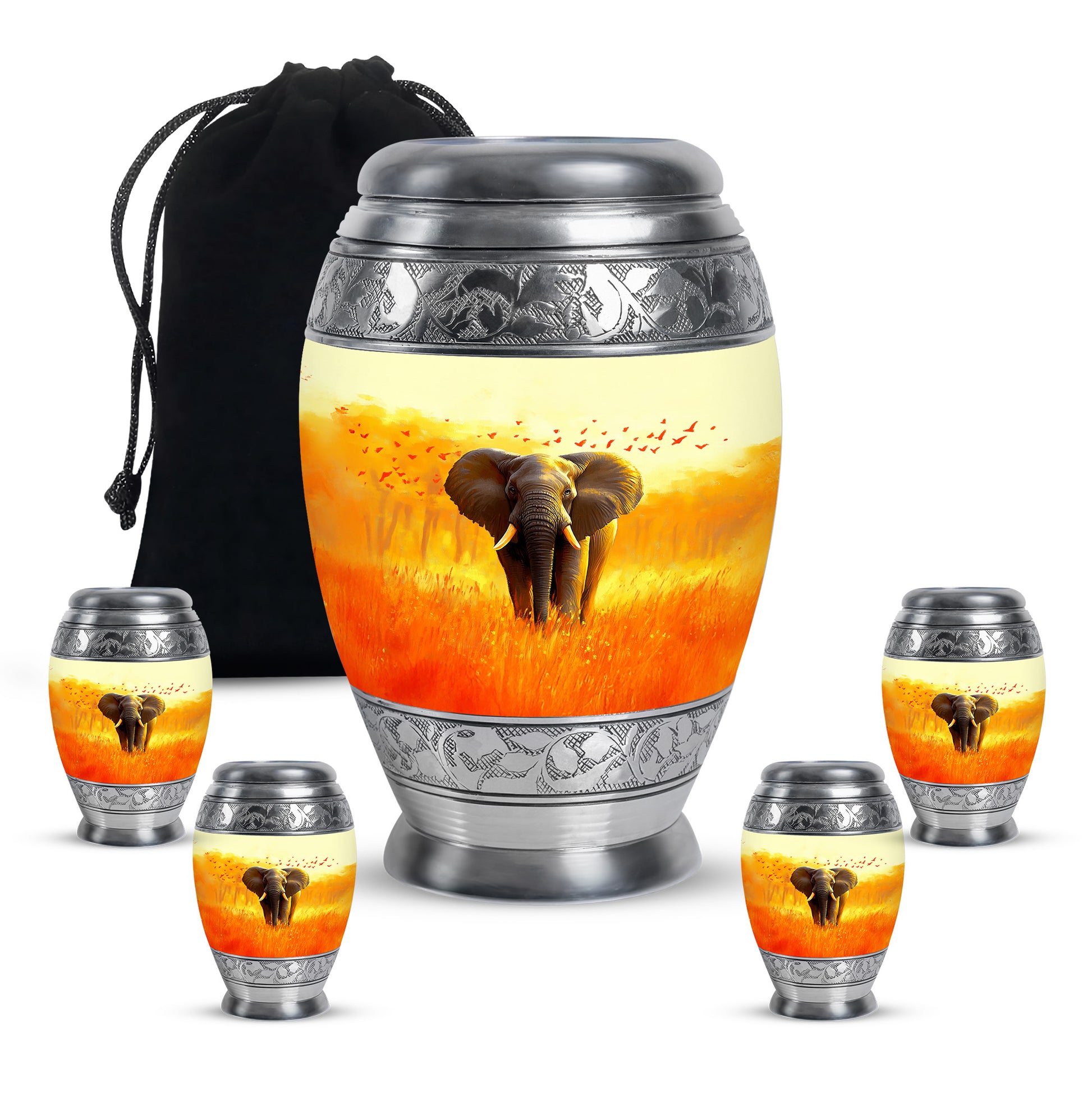 Harvest Gold Elephant Cremation Urn detail view - royal elephant engraving with decorative scrollwork - memorial set with one large and four small urns
