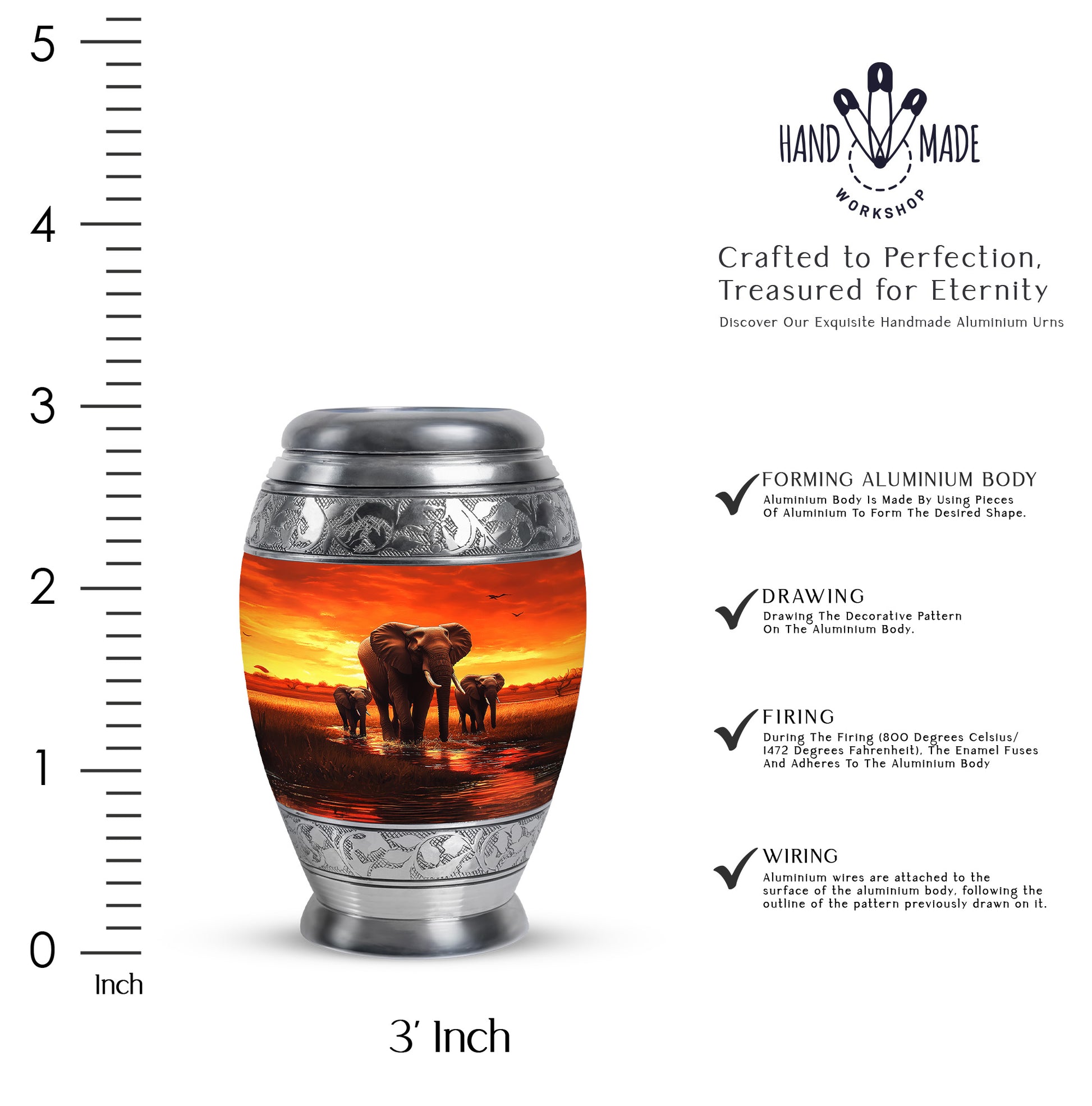 Scarlet Red Elephant Cremation Urn lifestyle display on memorial shelf - royal elephant engraving with decorative scrollwork - mini keepsake memorial for portion of cremation ashes