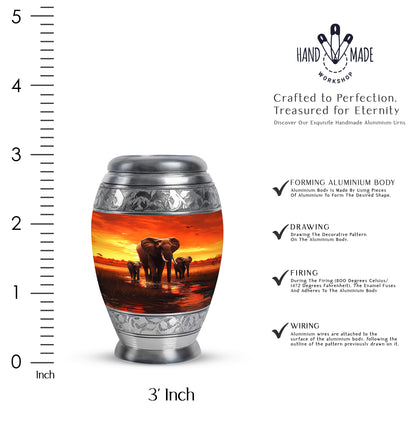 Scarlet Red Elephant Cremation Urn lifestyle display on memorial shelf - royal elephant engraving with decorative scrollwork - mini keepsake memorial for portion of cremation ashes