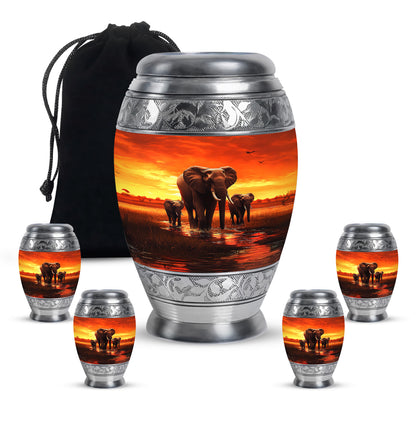 Burgundy Red Elephant Cremation Urn detail view - ornate monarch-style elephant relief on brushed aluminum - memorial set with one large and four small urns