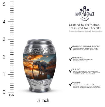Cool Teal Elephant Cremation Urn lifestyle display on memorial shelf - regal elephant design with crown-inspired accents - mini keepsake memorial for portion of cremation ashes