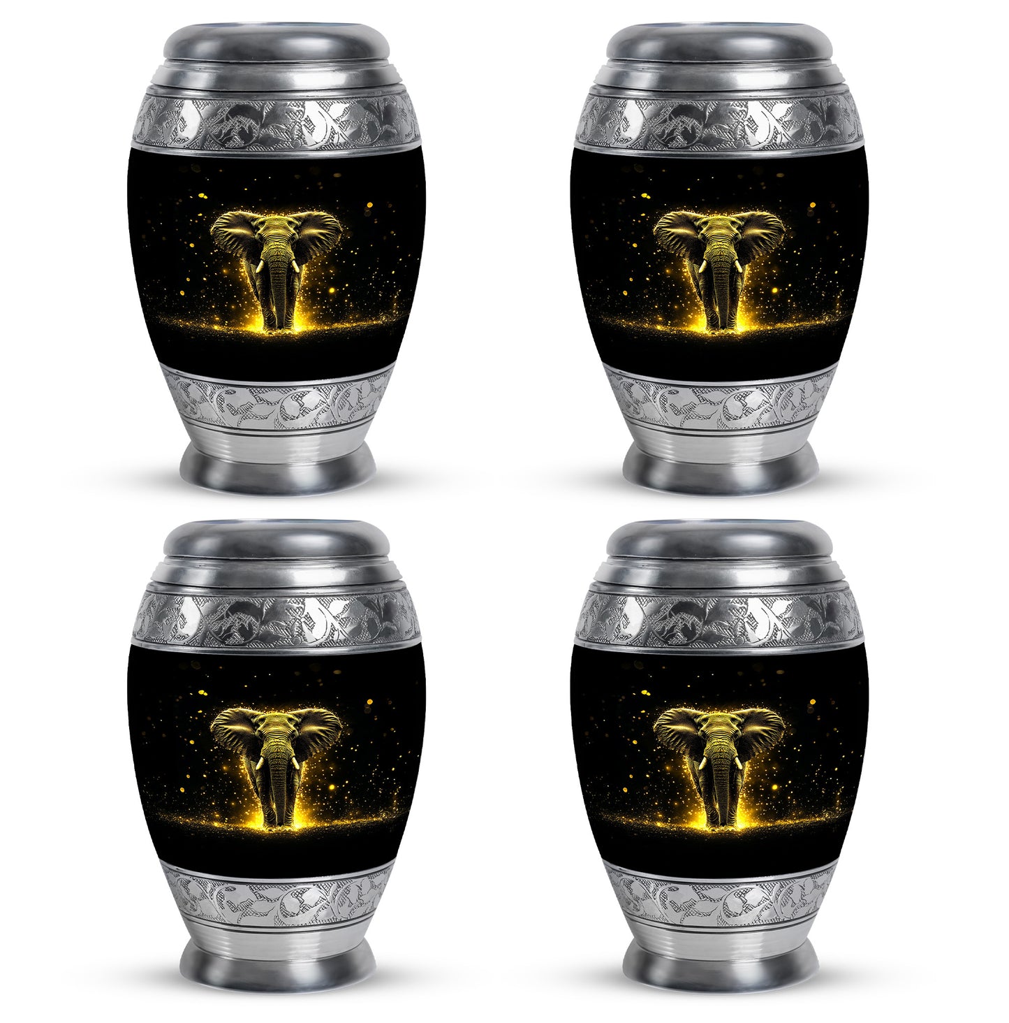 Dark Black Elephant Cremation Urn urn with complimentary velvet bag - majestic elephant pattern with filigree border - 10 inch aluminum urn for cremated remains