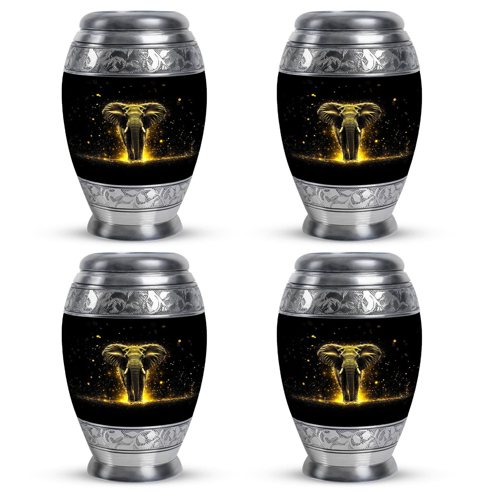 Dark Black Elephant Cremation Urn urn with complimentary velvet bag - majestic elephant pattern with filigree border - 10 inch aluminum urn for cremated remains