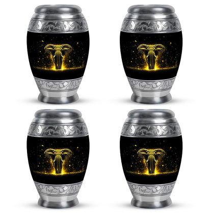 Dark Black Elephant Cremation Urn urn with complimentary velvet bag - majestic elephant pattern with filigree border - 10 inch aluminum urn for cremated remains