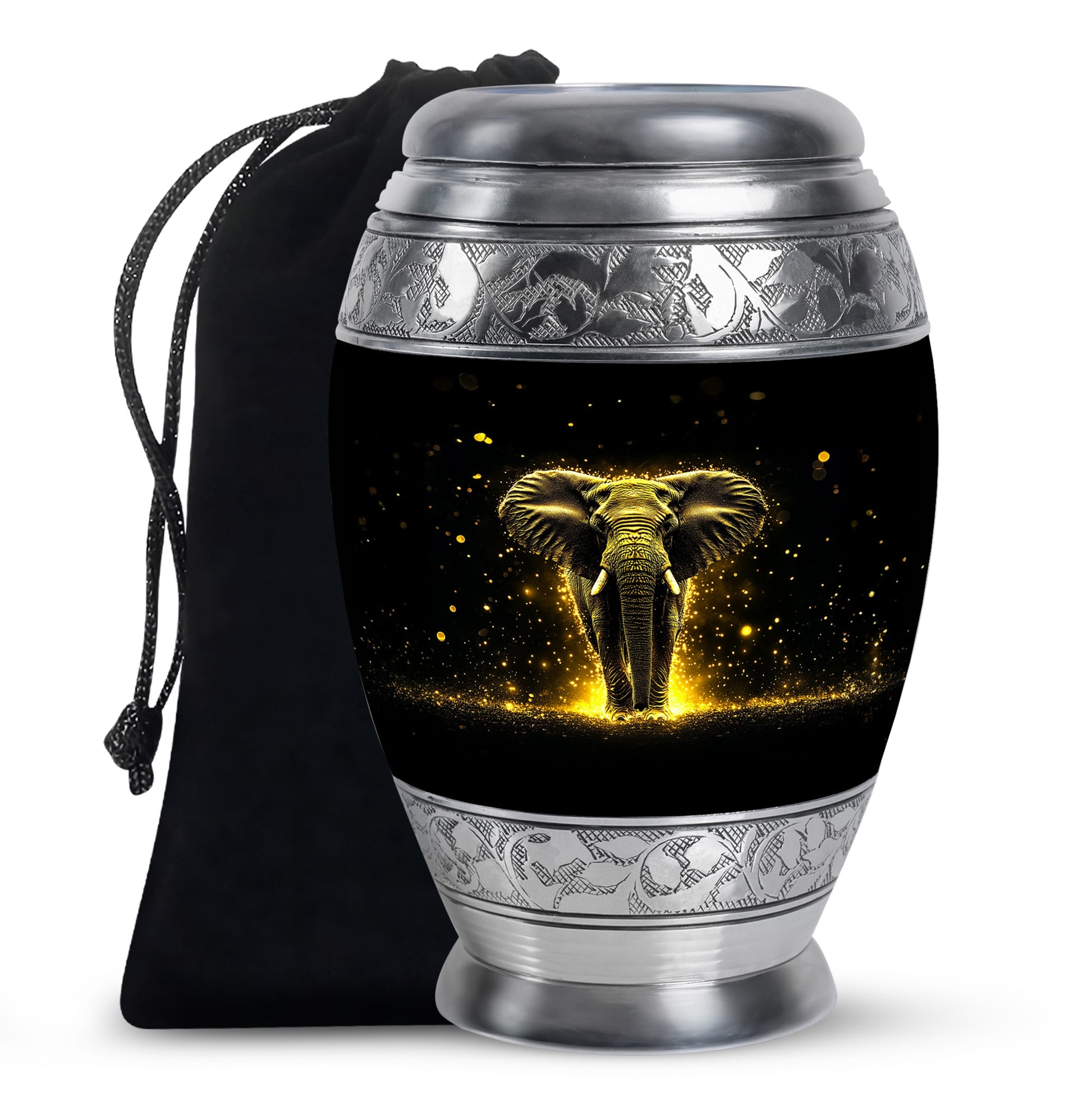 Glossy Black Elephant Cremation Urn back view with polished surface - ornate monarch-style elephant relief on brushed aluminum - full-size 10 inch 200 cubic inch adult cremation urn