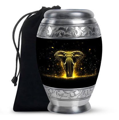 Glossy Black Elephant Cremation Urn back view with polished surface - ornate monarch-style elephant relief on brushed aluminum - full-size 10 inch 200 cubic inch adult cremation urn