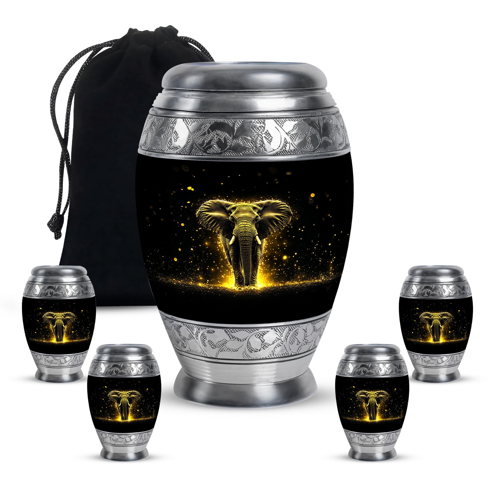 Jet Black Elephant Cremation Urn detail view - regal elephant design with crown-inspired accents - memorial set with one large and four small urns