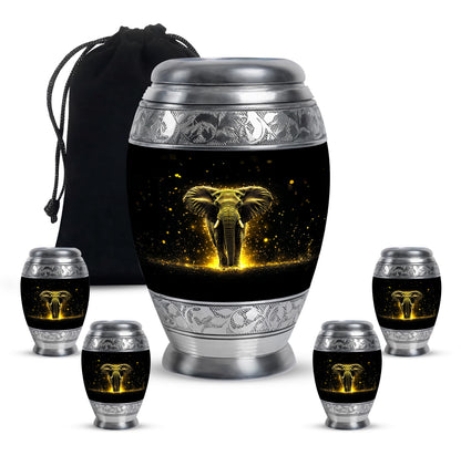 Jet Black Elephant Cremation Urn detail view - regal elephant design with crown-inspired accents - memorial set with one large and four small urns