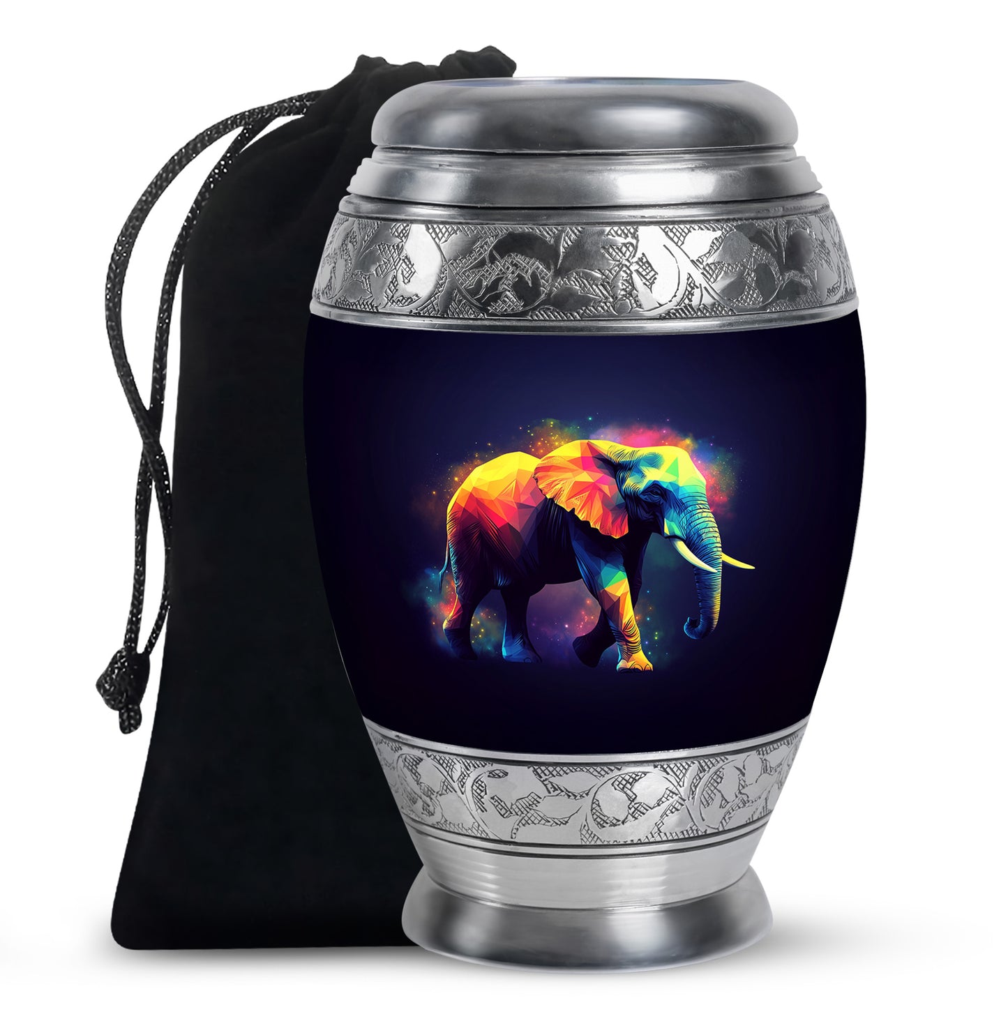 Ebony Elephant Cremation Urn back view with polished surface - regal elephant design with crown-inspired accents - full-size 10 inch 200 cubic inch adult cremation urn
