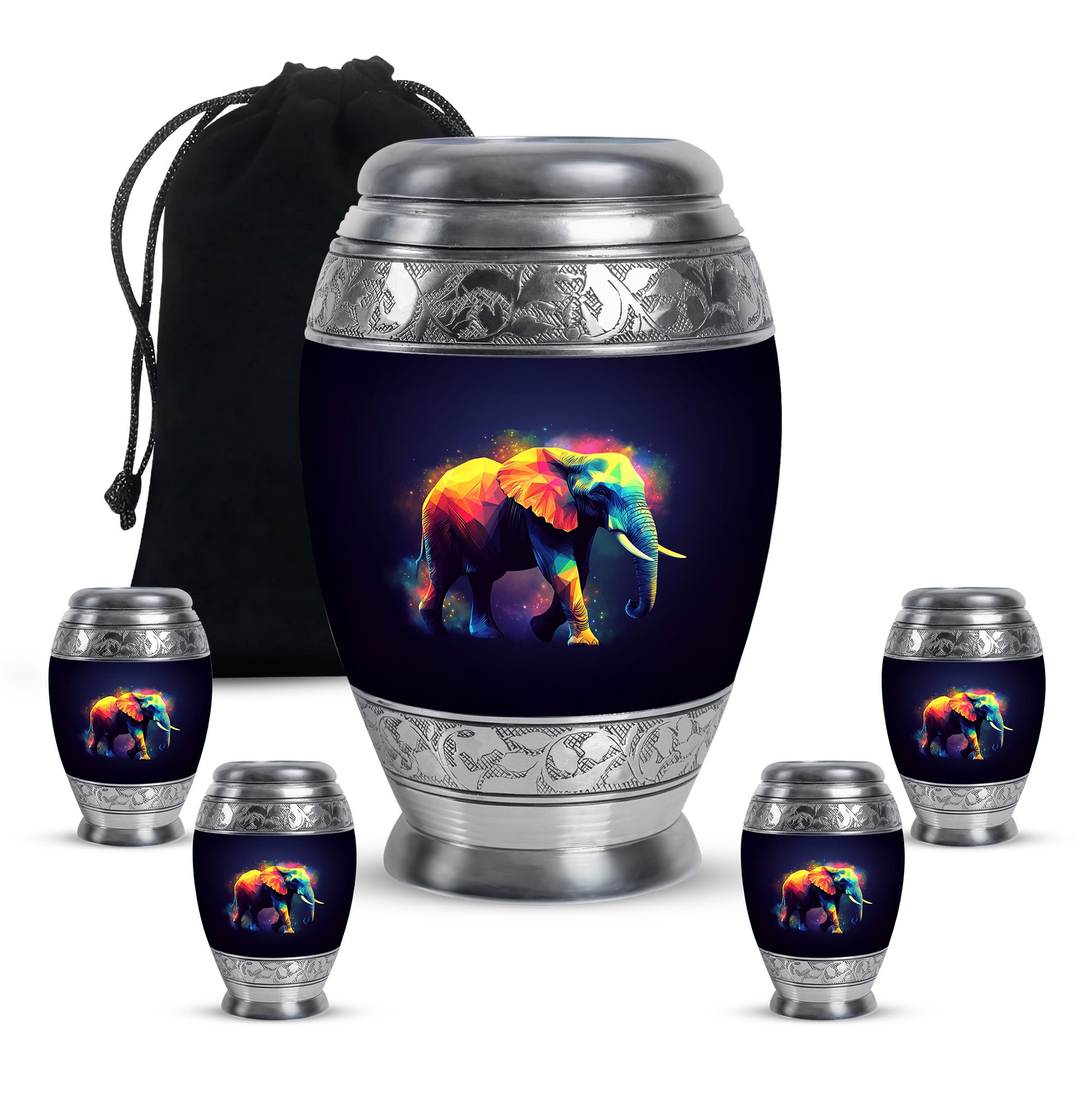 Ebony Elephant Cremation Urn detail view - regal elephant design with crown-inspired accents - memorial set with one large and four small urns