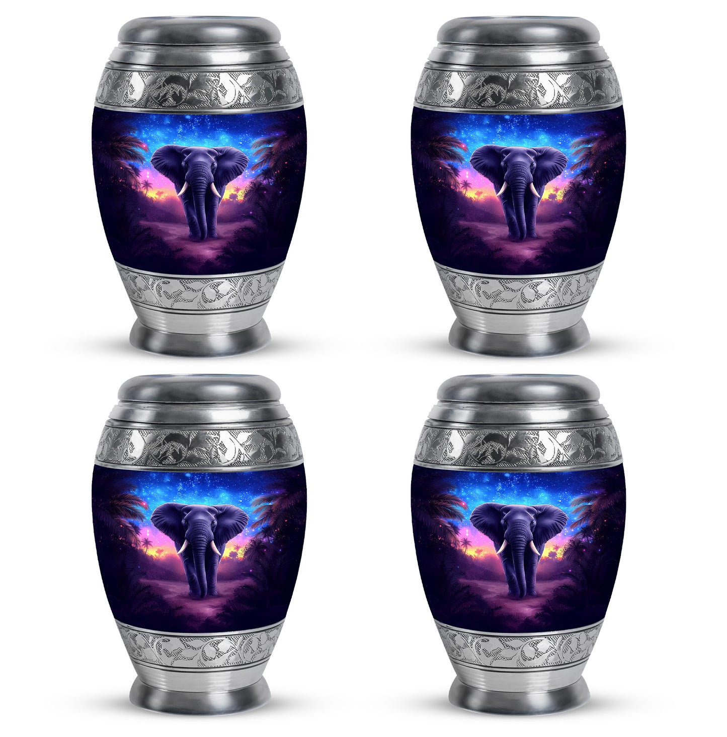 Bright Blue Elephant Cremation Urn urn with complimentary velvet bag - majestic elephant pattern with filigree border - 10 inch aluminum urn for cremated remains