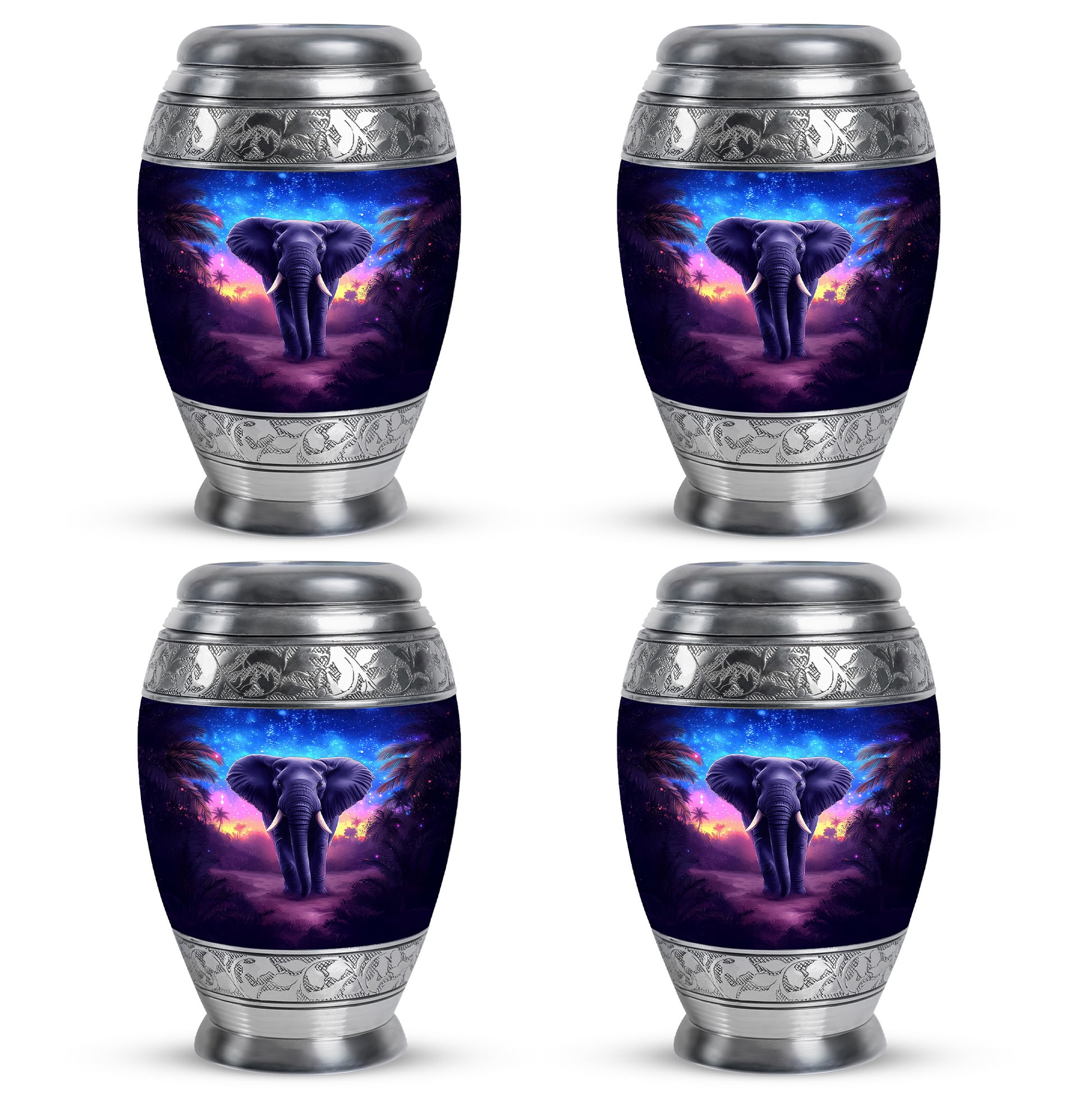 Bright Blue Elephant Cremation Urn urn with complimentary velvet bag - majestic elephant pattern with filigree border - 10 inch aluminum urn for cremated remains
