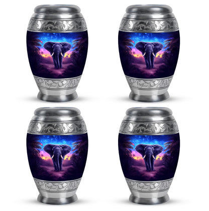 Bright Blue Elephant Cremation Urn urn with complimentary velvet bag - majestic elephant pattern with filigree border - 10 inch aluminum urn for cremated remains