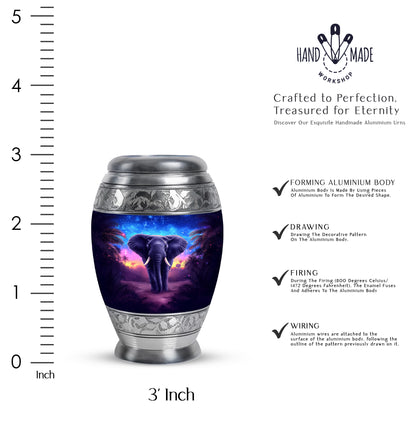 Vivid Blue Elephant Cremation Urn lifestyle display on memorial shelf - majestic elephant pattern with filigree border - mini keepsake memorial for portion of cremation ashes