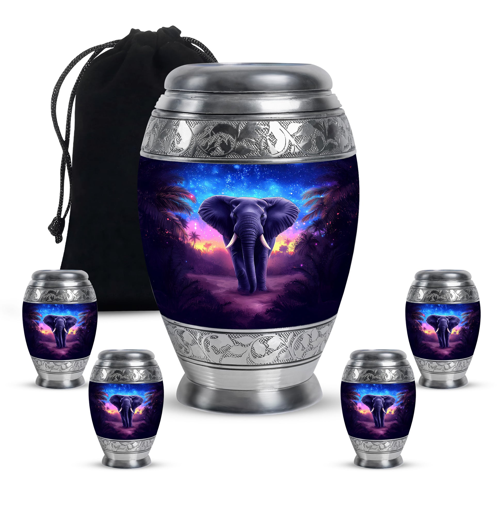 Serene Blue Elephant Cremation Urn detail view - royal elephant engraving with decorative scrollwork - memorial set with one large and four small urns