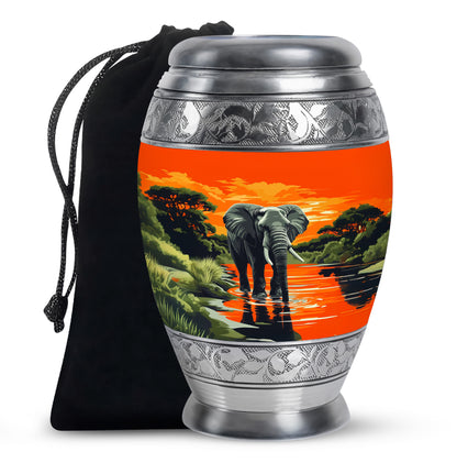 Champagne Gold Elephant Cremation Urn back view with polished surface - ornate monarch-style elephant relief on brushed aluminum - full-size 10 inch 200 cubic inch adult cremation urn