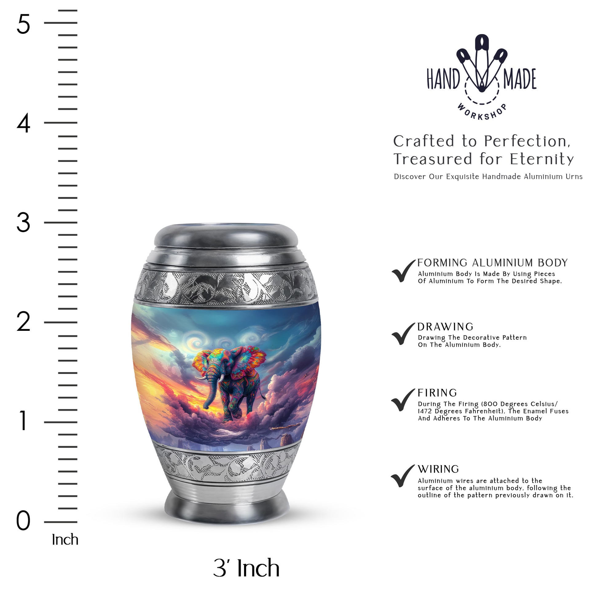 Navy Blue Elephant Cremation Urn lifestyle display on memorial shelf - ornate monarch-style elephant relief on brushed aluminum - mini keepsake memorial for portion of cremation ashes