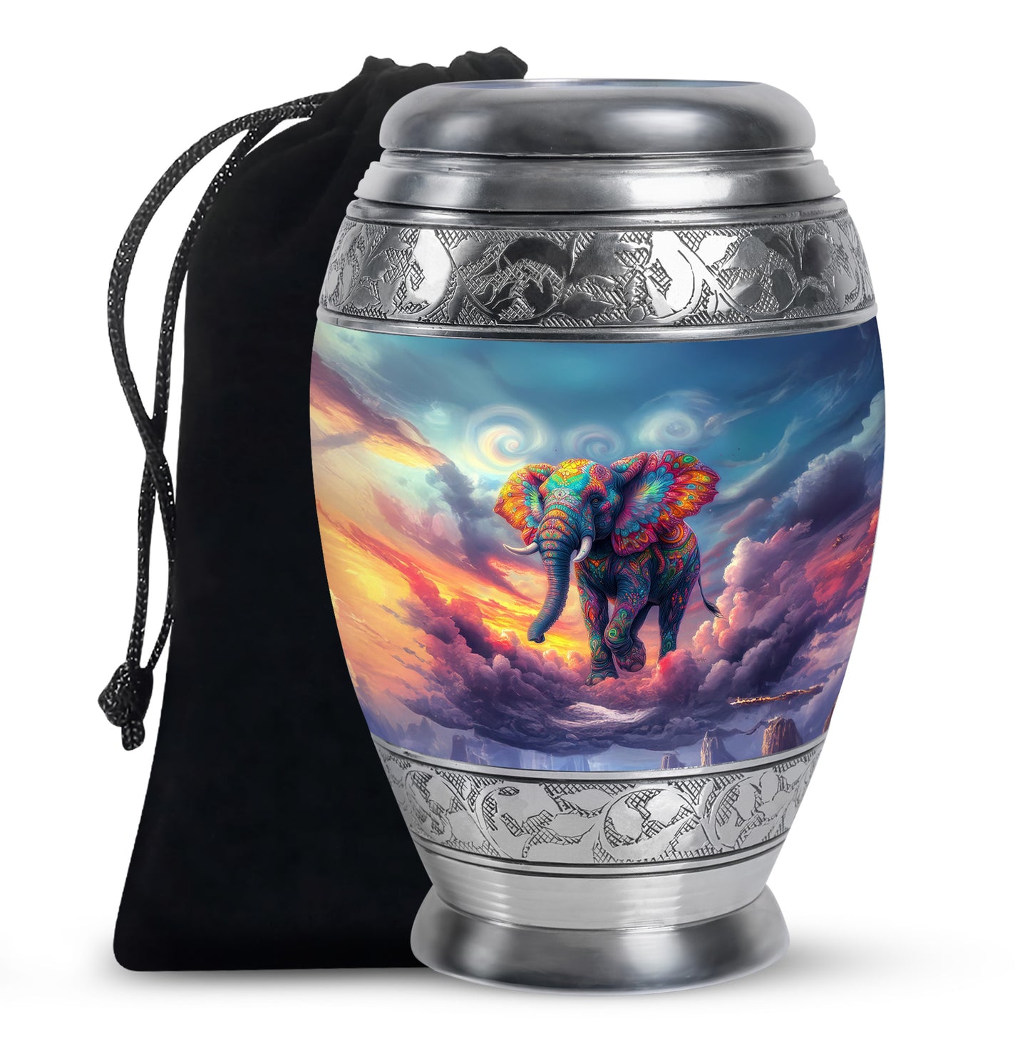Vivid Blue Elephant Cremation Urn back view with polished surface - royal elephant engraving with decorative scrollwork - full-size 10 inch 200 cubic inch adult cremation urn