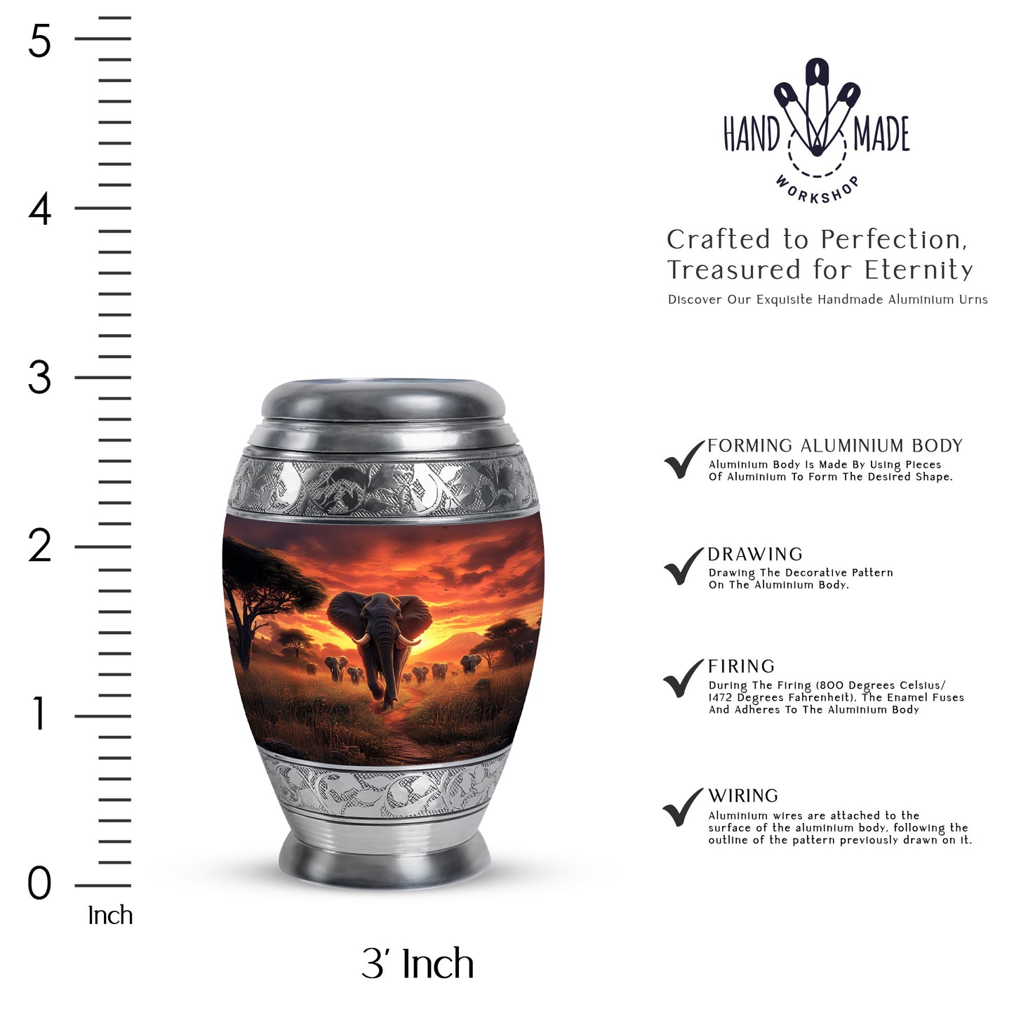 Crimson Red Elephant Cremation Urn lifestyle display on memorial shelf - ornate monarch-style elephant relief on brushed aluminum - mini keepsake memorial for portion of cremation ashes