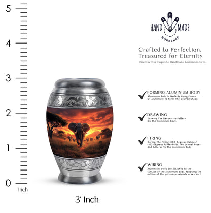 Crimson Red Elephant Cremation Urn lifestyle display on memorial shelf - ornate monarch-style elephant relief on brushed aluminum - mini keepsake memorial for portion of cremation ashes
