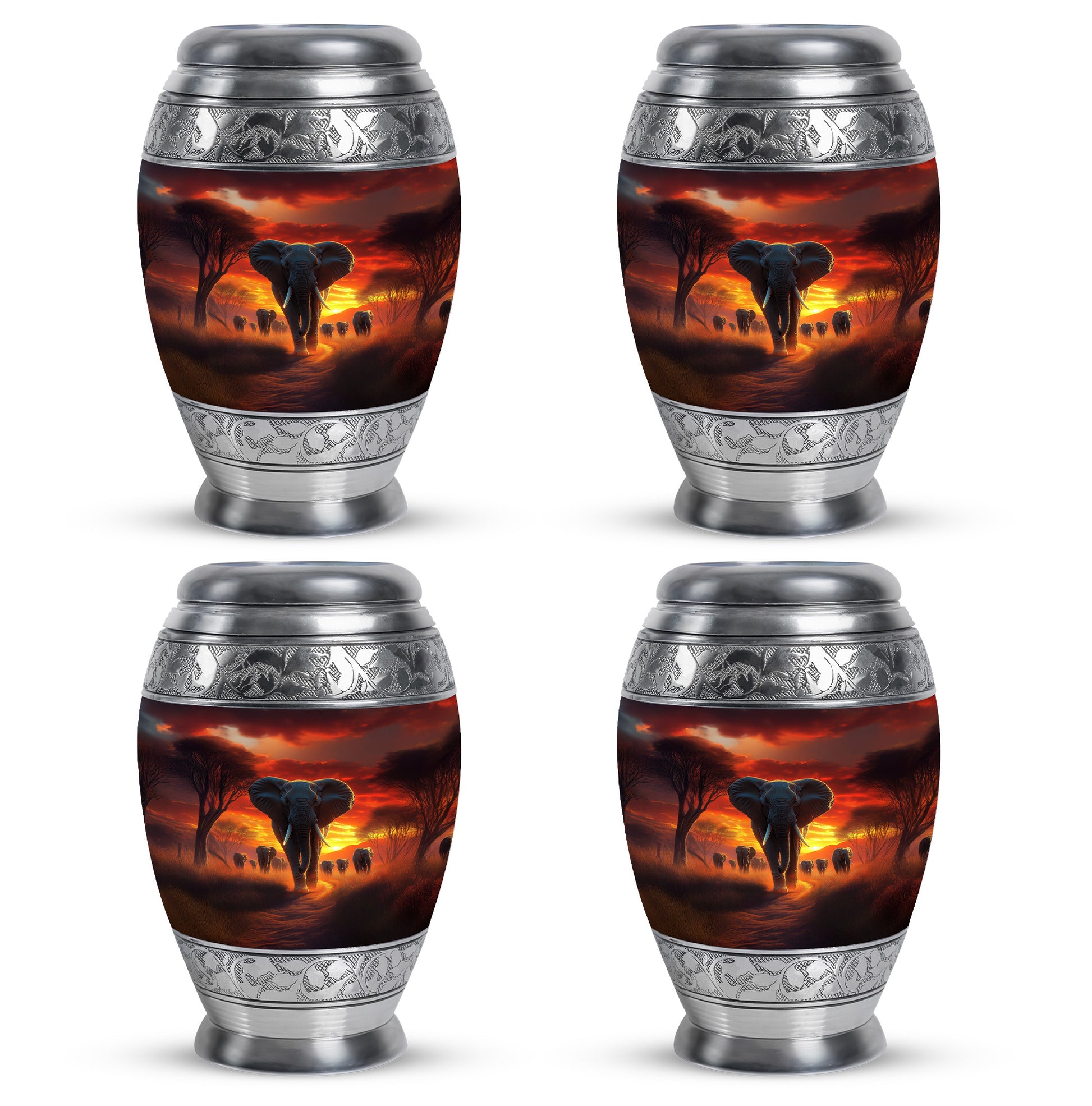 Rich Red Elephant Cremation Urn urn with complimentary velvet bag - royal elephant engraving with decorative scrollwork - 10 inch aluminum urn for cremated remains