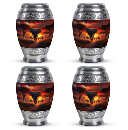 Rich Red Elephant Cremation Urn urn with complimentary velvet bag - royal elephant engraving with decorative scrollwork - 10 inch aluminum urn for cremated remains