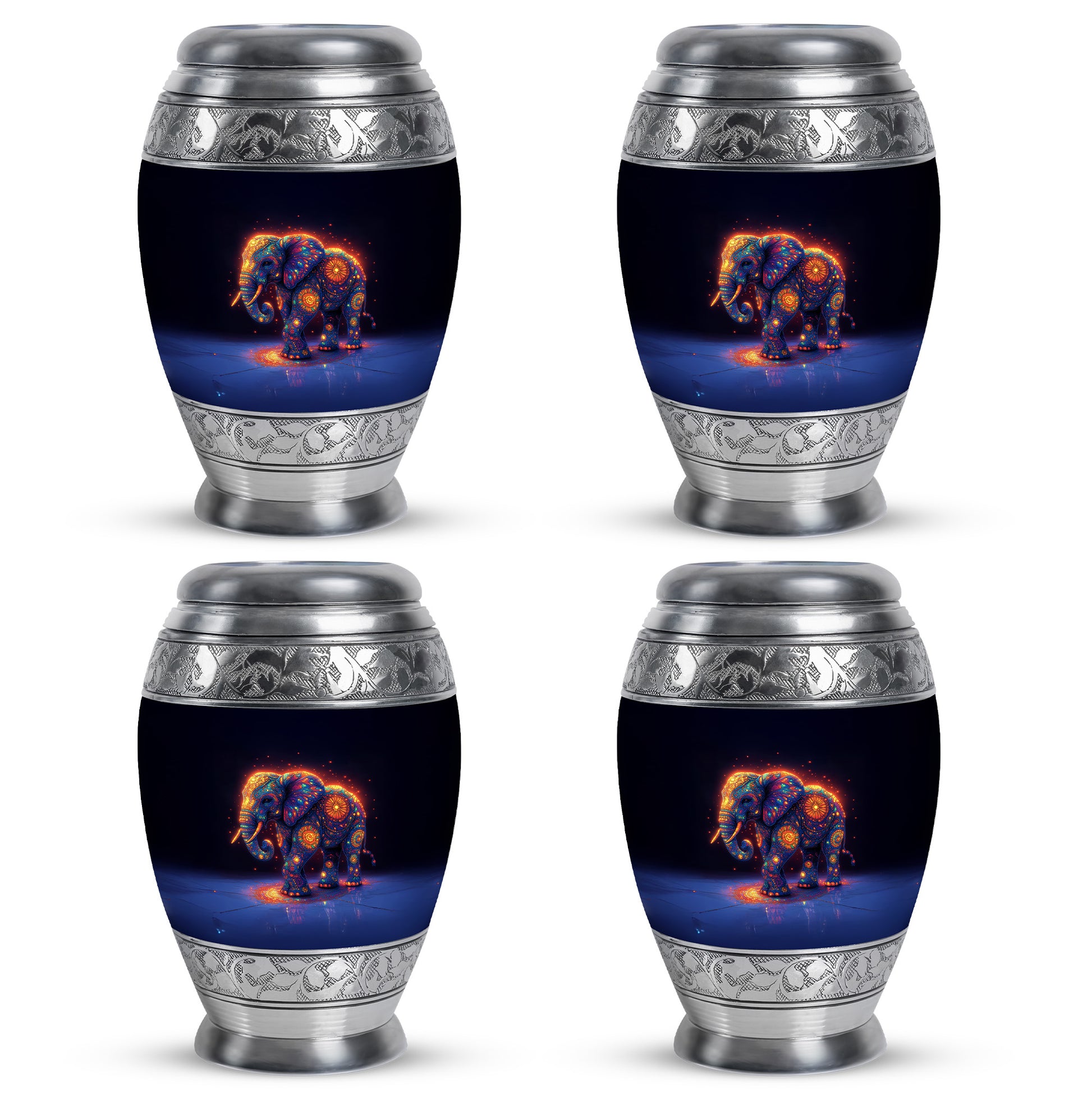 Twilight Blue Elephant Cremation Urn urn with complimentary velvet bag - majestic elephant pattern with filigree border - 10 inch aluminum urn for cremated remains