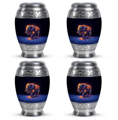 Twilight Blue Elephant Cremation Urn urn with complimentary velvet bag - majestic elephant pattern with filigree border - 10 inch aluminum urn for cremated remains