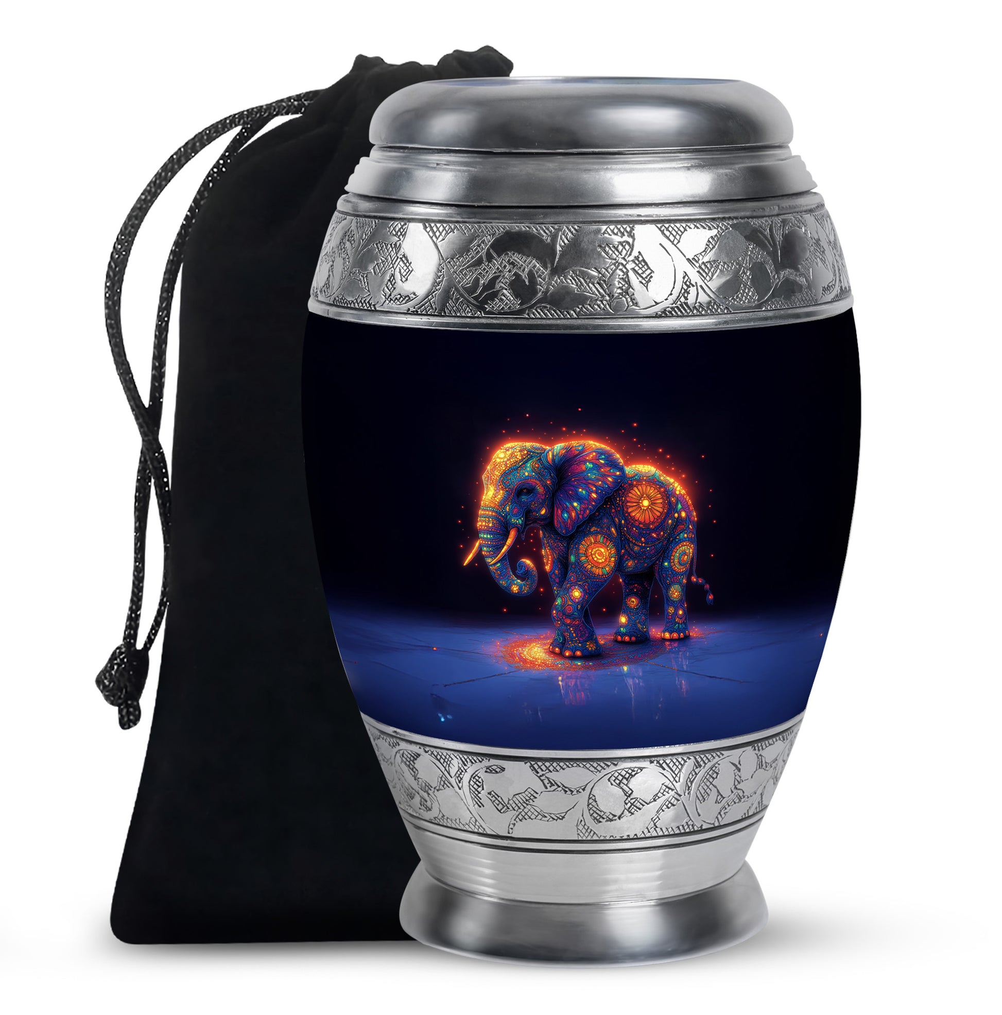 Bright Blue Elephant Cremation Urn back view with polished surface - majestic elephant pattern with filigree border - full-size 10 inch 200 cubic inch adult cremation urn