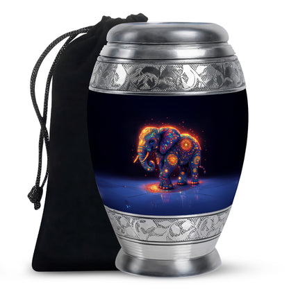 Bright Blue Elephant Cremation Urn back view with polished surface - majestic elephant pattern with filigree border - full-size 10 inch 200 cubic inch adult cremation urn