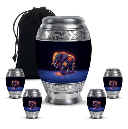 Calming Blue Elephant Cremation Urn detail view - royal elephant engraving with decorative scrollwork - memorial set with one large and four small urns