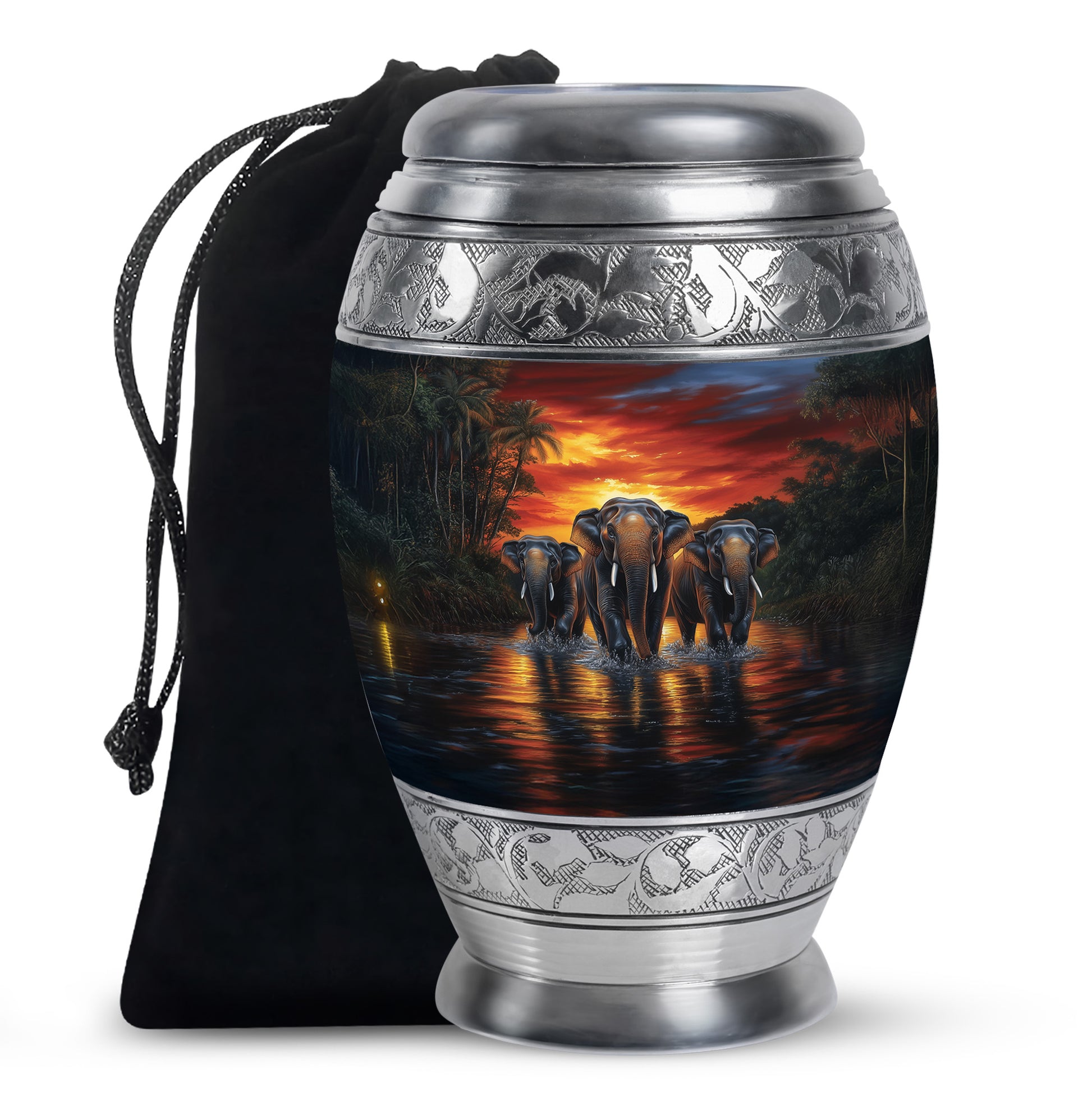 Deep Red Elephant Cremation Urn back view with polished surface - ornate monarch-style elephant relief on brushed aluminum - full-size 10 inch 200 cubic inch adult cremation urn