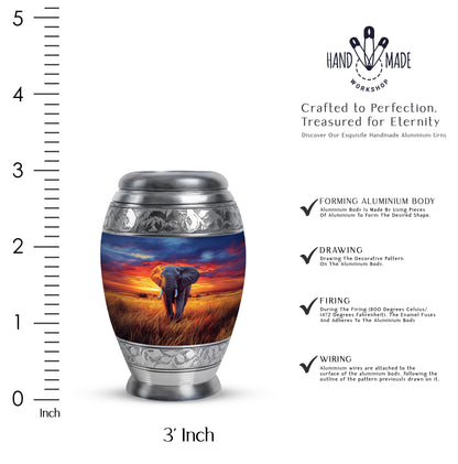 Soft Blue Elephant Cremation Urn lifestyle display on memorial shelf - royal elephant engraving with decorative scrollwork - mini keepsake memorial for portion of cremation ashes