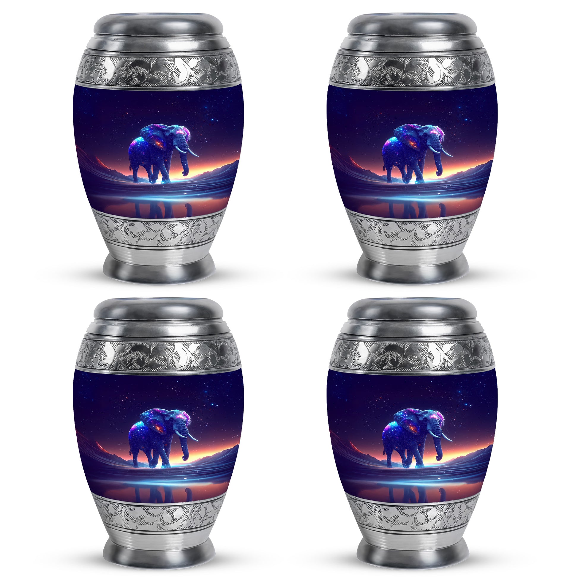 Amethyst Purple Elephant Cremation Urn urn with complimentary velvet bag - ornate monarch-style elephant relief on brushed aluminum - 10 inch aluminum urn for cremated remains
