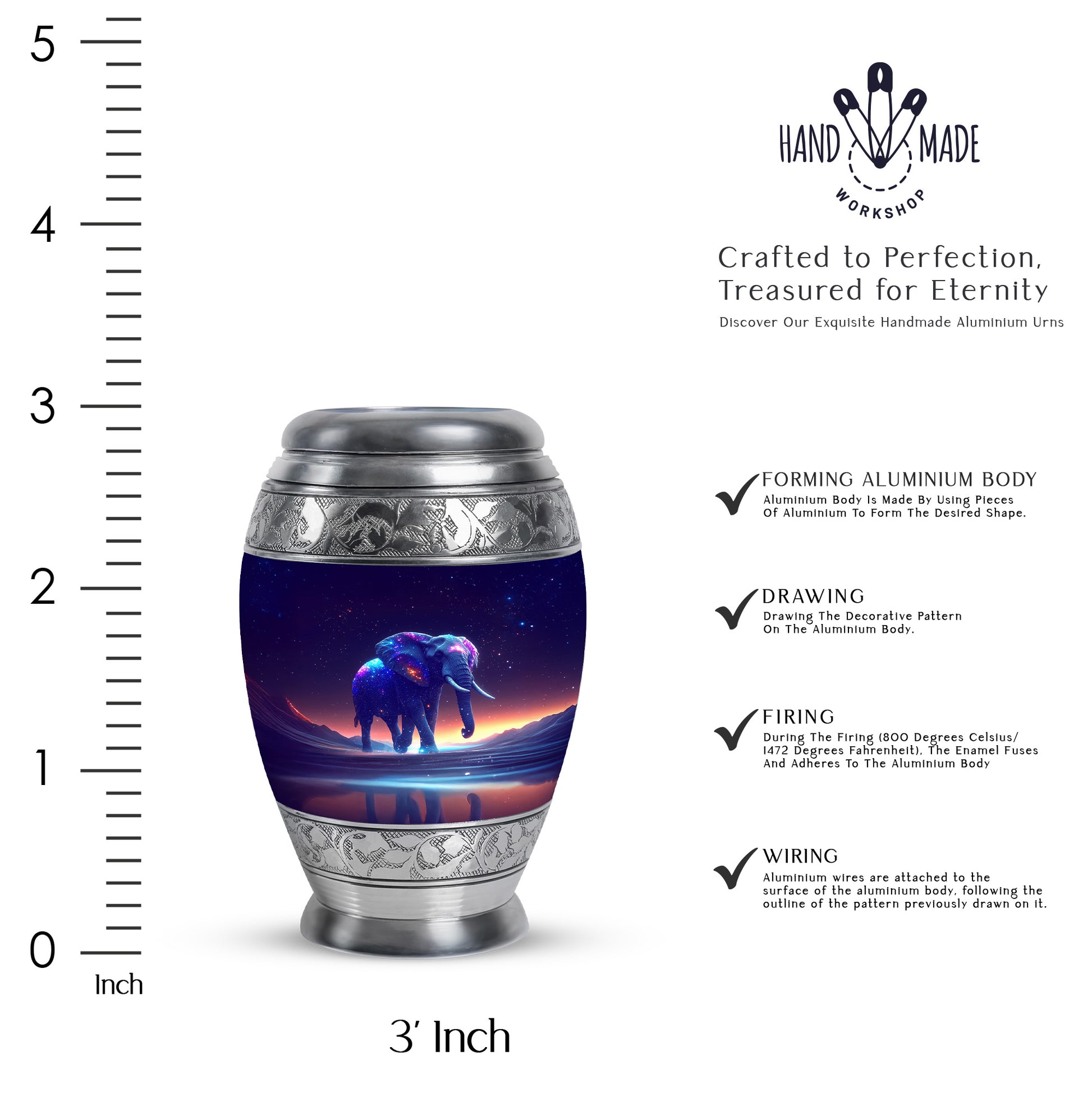 Orchid Purple Elephant Cremation Urn lifestyle display on memorial shelf - ornate monarch-style elephant relief on brushed aluminum - mini keepsake memorial for portion of cremation ashes