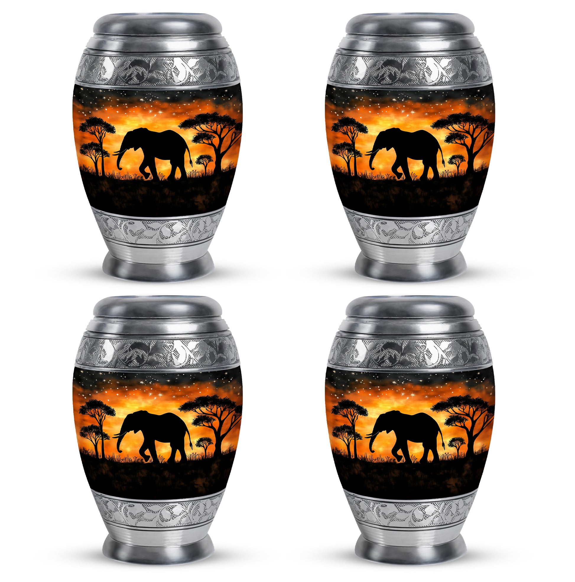 Charcoal Black Elephant Cremation Urn urn with complimentary velvet bag - majestic elephant pattern with filigree border - 10 inch aluminum urn for cremated remains
