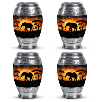 Charcoal Black Elephant Cremation Urn urn with complimentary velvet bag - majestic elephant pattern with filigree border - 10 inch aluminum urn for cremated remains