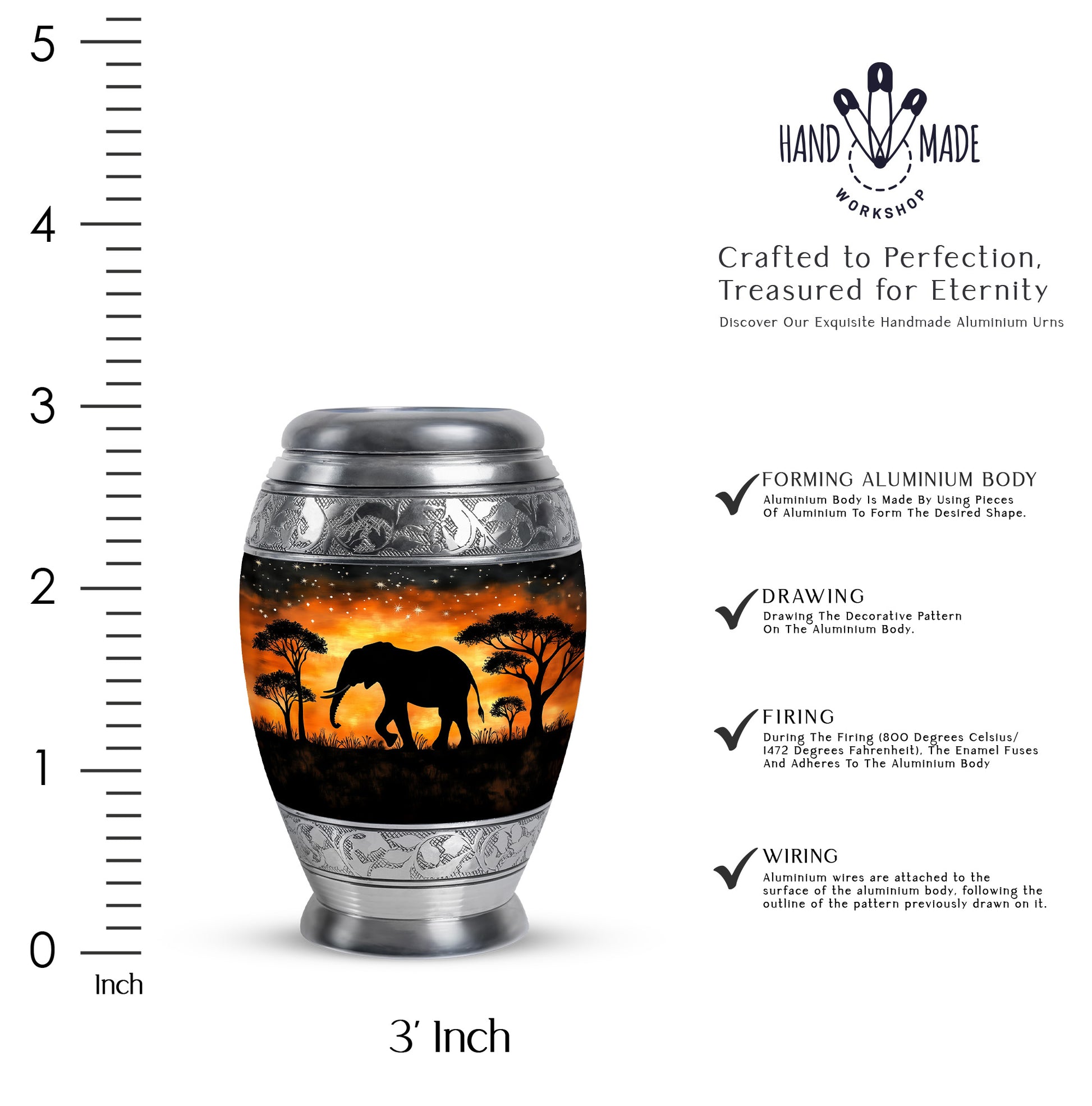 Jet Black Elephant Cremation Urn lifestyle display on memorial shelf - regal elephant design with crown-inspired accents - mini keepsake memorial for portion of cremation ashes