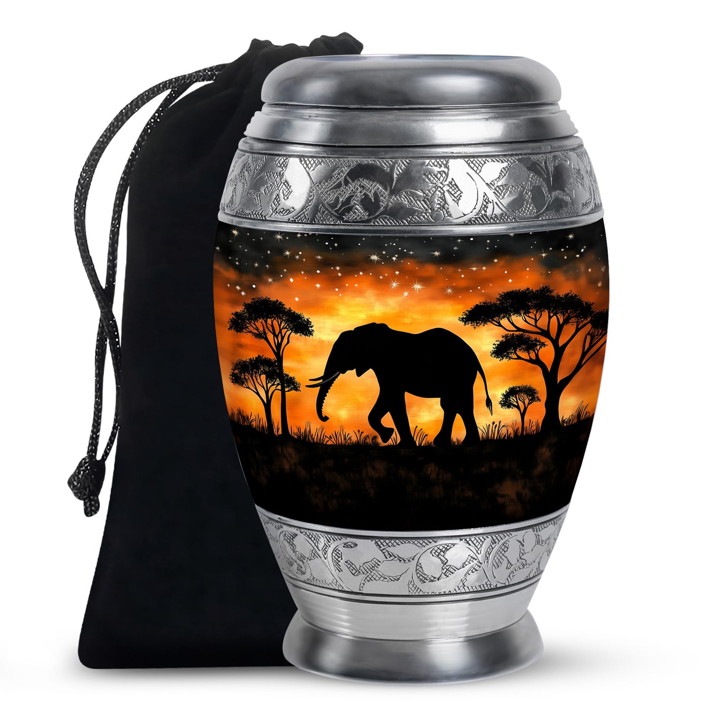 Midnight Black Elephant Cremation Urn back view with polished surface - majestic elephant pattern with filigree border - full-size 10 inch 200 cubic inch adult cremation urn