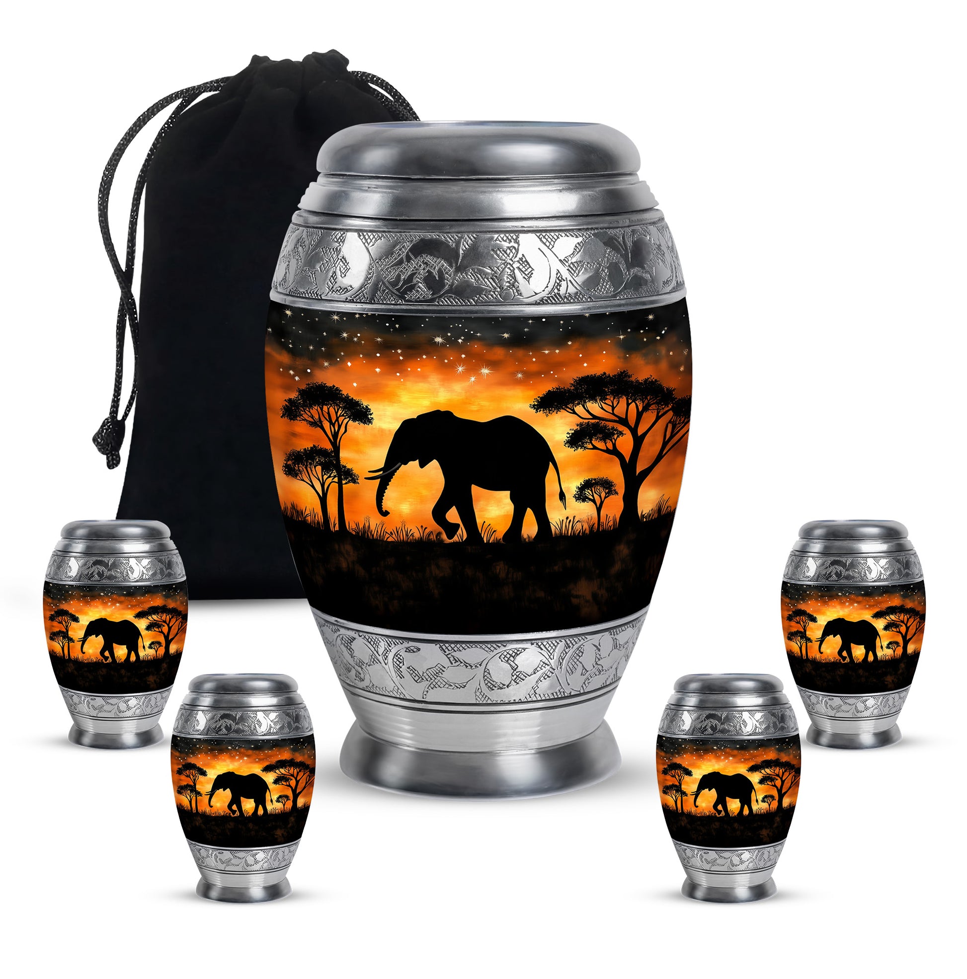 Rich Black Elephant Cremation Urn detail view - regal elephant design with crown-inspired accents - memorial set with one large and four small urns
