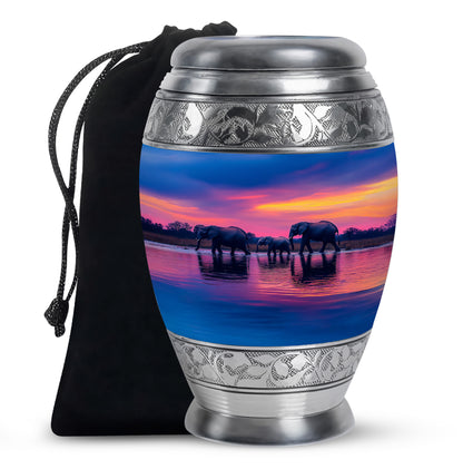 Sapphire Blue Elephant Cremation Urn back view with polished surface - royal elephant engraving with decorative scrollwork - full-size 10 inch 200 cubic inch adult cremation urn
