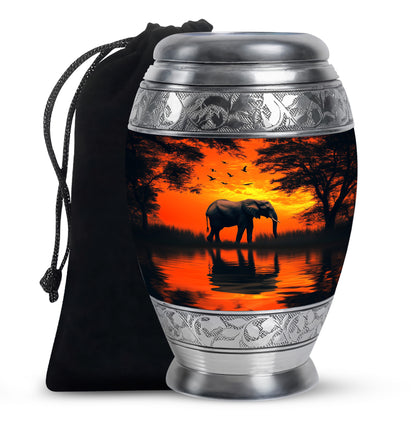 Harvest Gold Elephant Cremation Urn back view with polished surface - majestic elephant pattern with filigree border - full-size 10 inch 200 cubic inch adult cremation urn