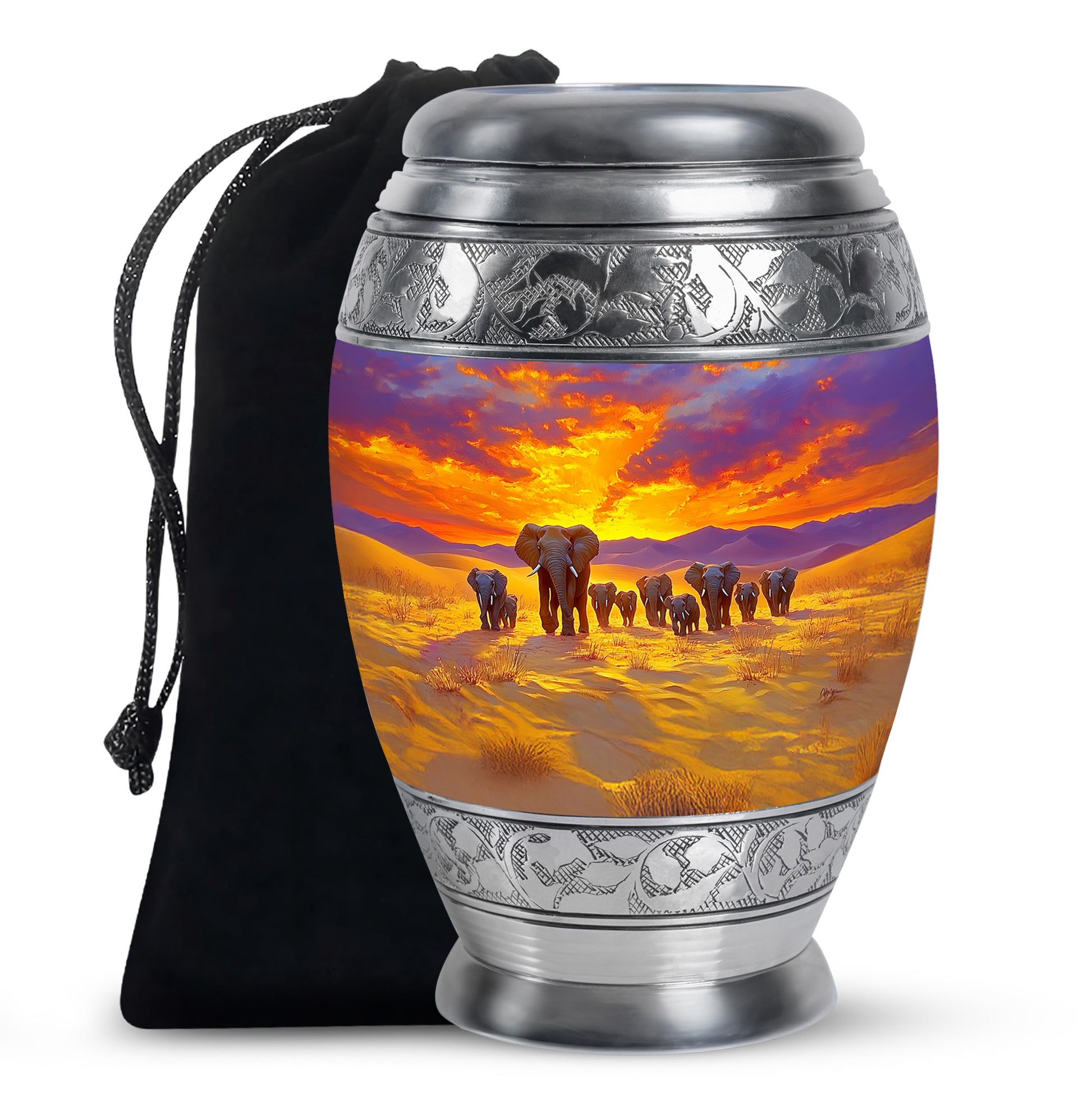 Dusty Blue Elephant Cremation Urn back view with polished surface - ornate monarch-style elephant relief on brushed aluminum - full-size 10 inch 200 cubic inch adult cremation urn
