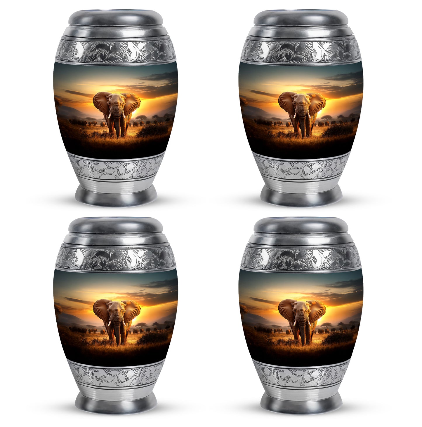Harvest Gold Elephant Cremation Urn urn with complimentary velvet bag - majestic elephant pattern with filigree border - 10 inch aluminum urn for cremated remains