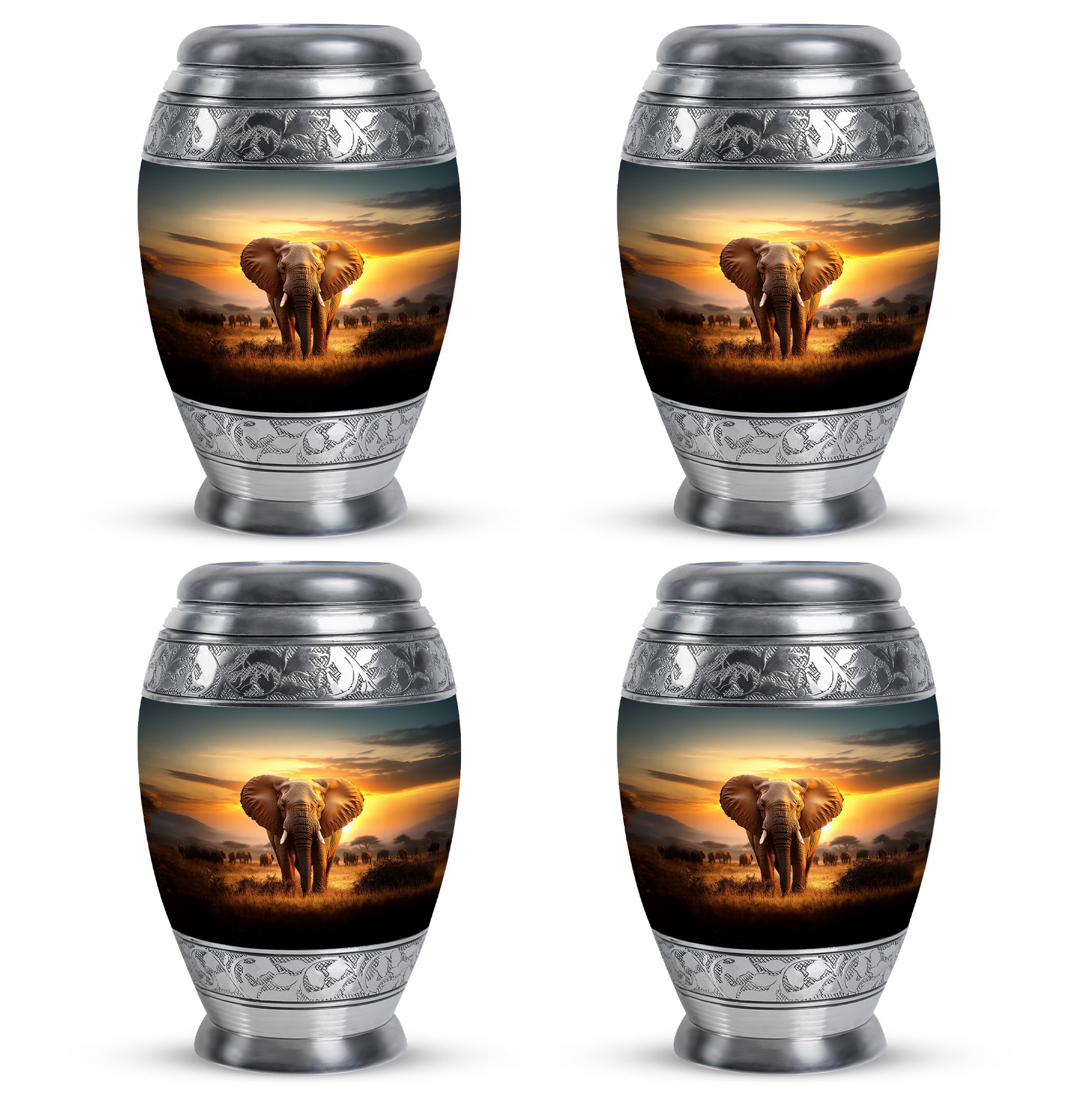 Harvest Gold Elephant Cremation Urn urn with complimentary velvet bag - majestic elephant pattern with filigree border - 10 inch aluminum urn for cremated remains