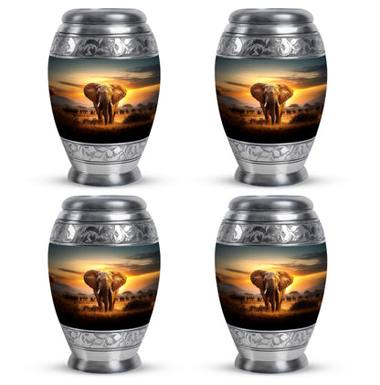 Harvest Gold Elephant Cremation Urn urn with complimentary velvet bag - majestic elephant pattern with filigree border - 10 inch aluminum urn for cremated remains
