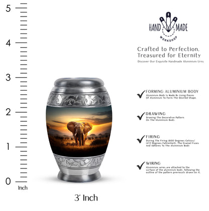 Warm Gold Elephant Cremation Urn lifestyle display on memorial shelf - royal elephant engraving with decorative scrollwork - mini keepsake memorial for portion of cremation ashes